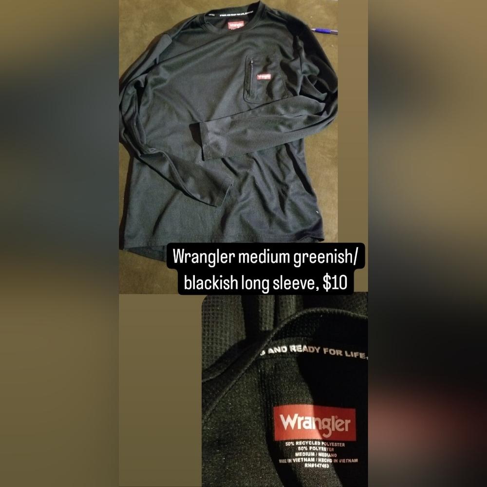 Medium wrangler, long sleeve shirt, greenish/blackish